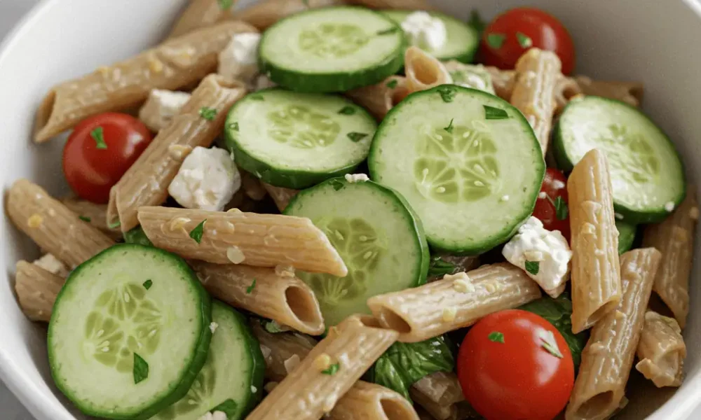 healthy cucumber pasta salad in white bowl close up