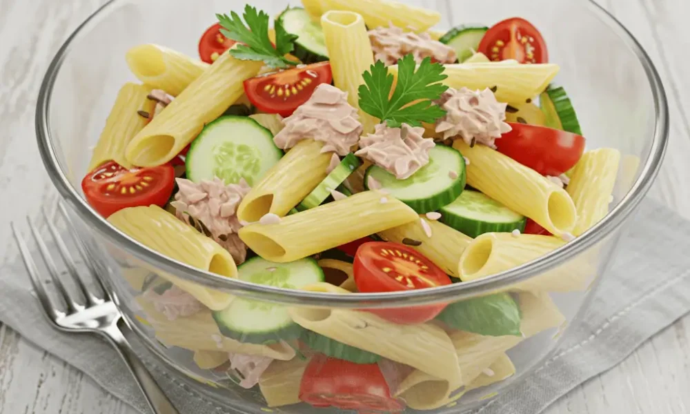 Healthy pasta salad with tuna, cucumbers, and tomatoes