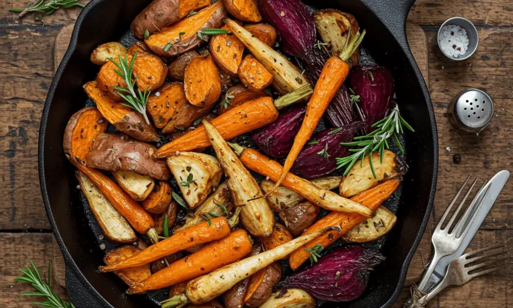 Roasted root vegetables served for healthy recipes