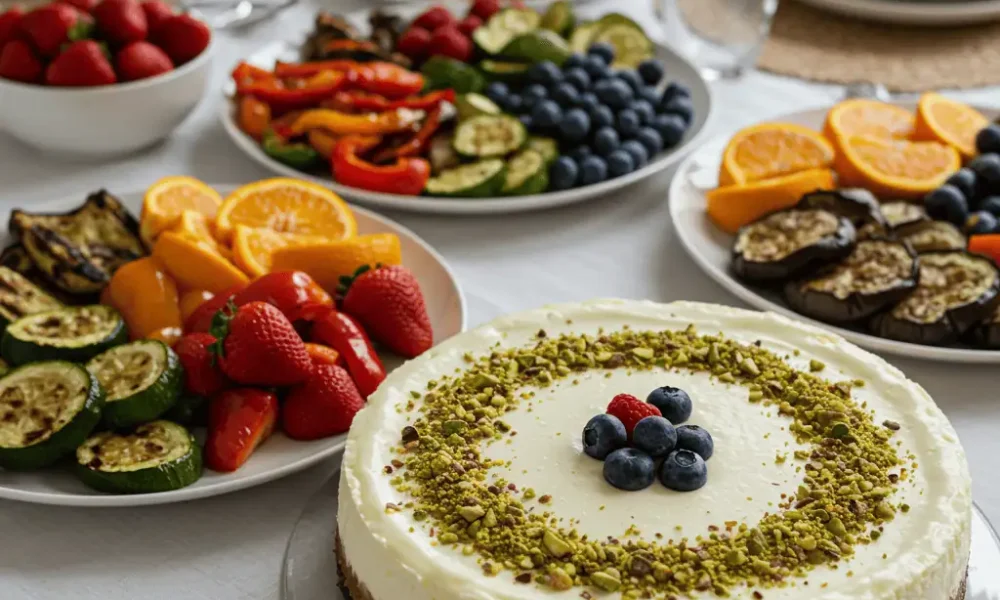Healthy Shavuot recipes table with dairy dishes and salads