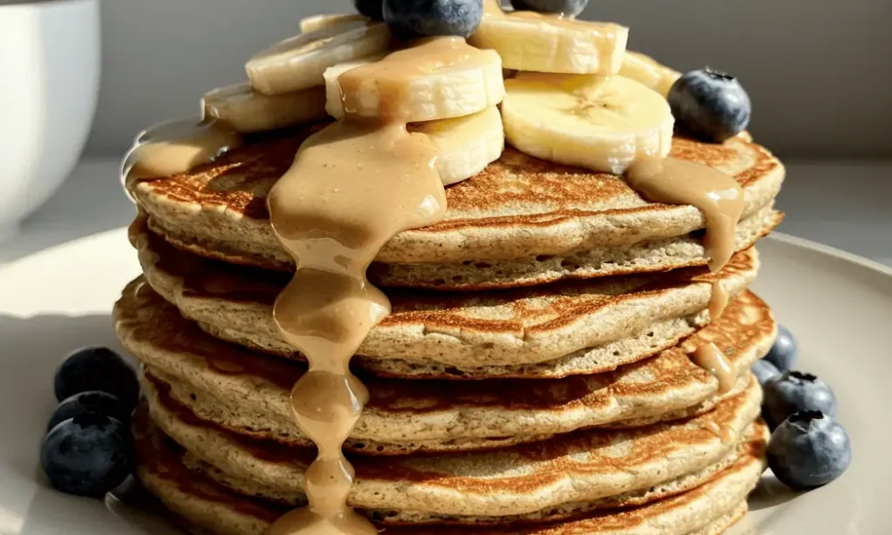 Fluffy high protein banana pancake stack with almond butter