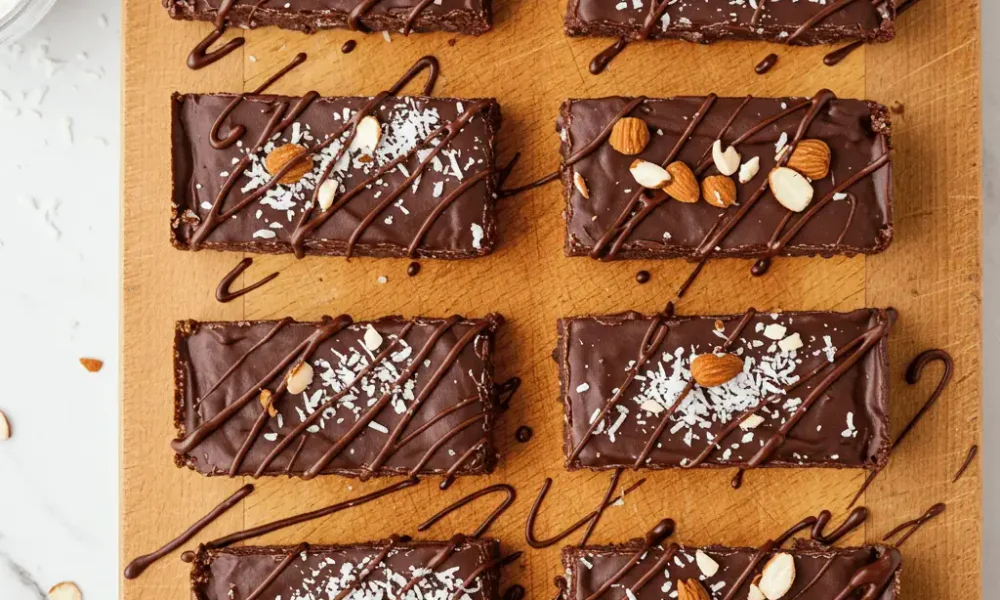 Homemade Almond Joy Protein Bars on cutting board with coconut and almonds