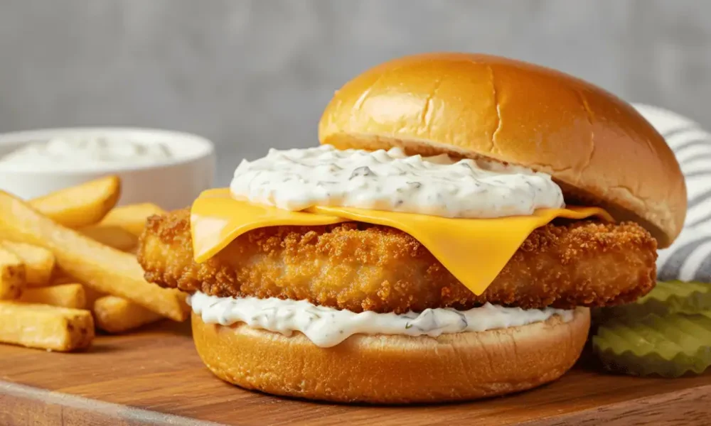 Homemade filet o fish burger close-up with tartar sauce and fries