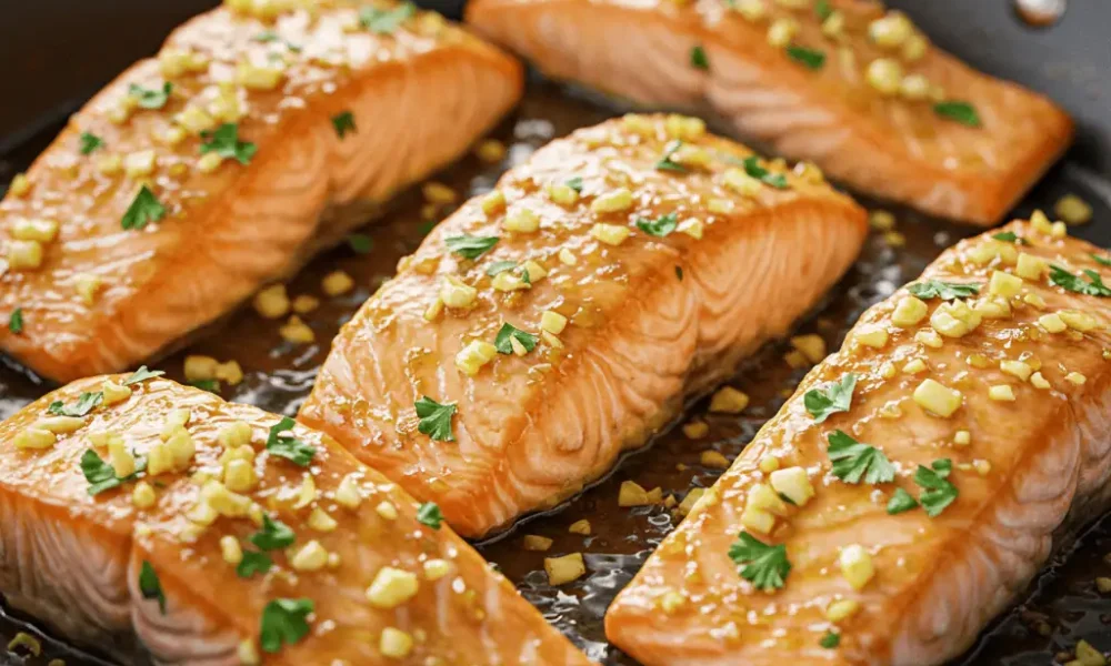 honey butter garlic salmon in skillet with golden glaze