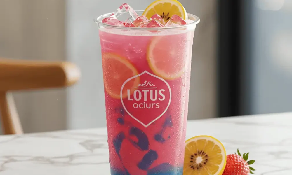 iced lotus drink with fruit slices in clear glass