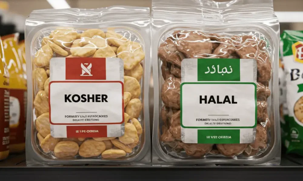 Kosher and halal food labels on grocery store shelves