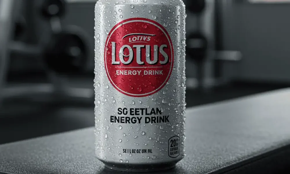 chilled lotus energy drink can on a gym bench