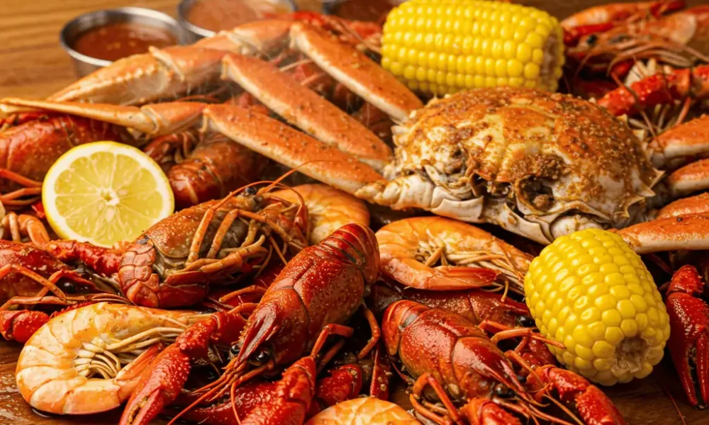 Louisiana seafood boil on rustic table with crawfish, shrimp, and corn