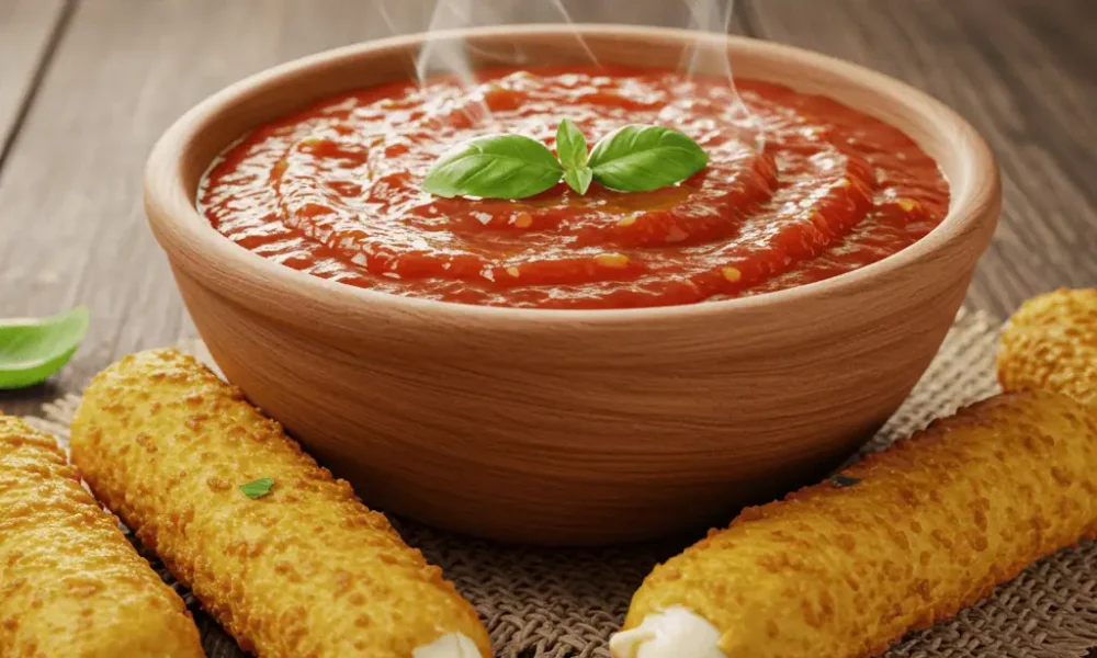marinara sauce for mozzarella sticks in a bowl with dipping cheese sticks