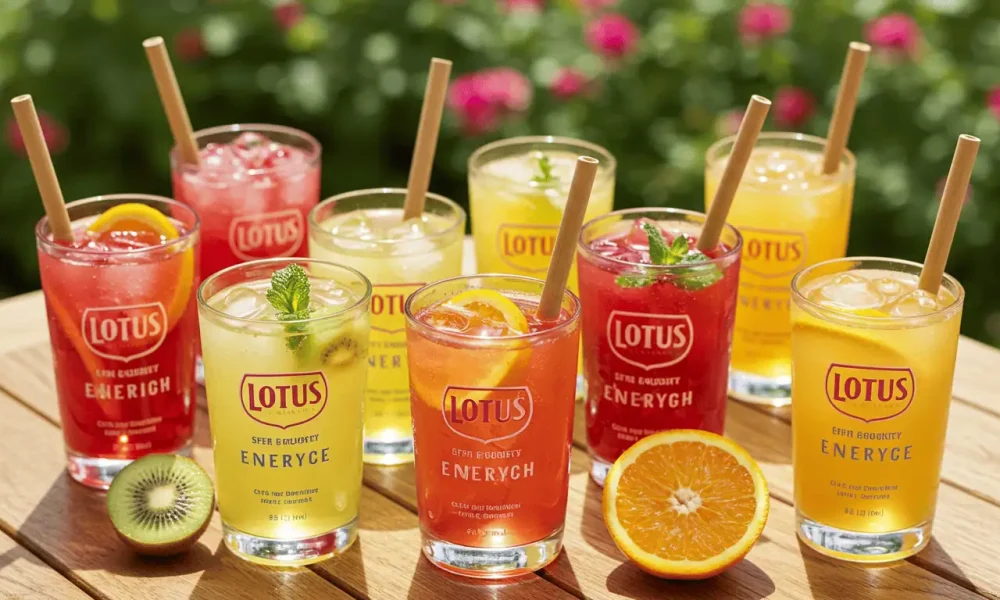 Assorted colorful Lotus energy drinks with fruits and ice on a wooden table