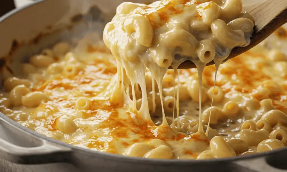One-Pot Halal Mac & Cheese close-up in rustic pot