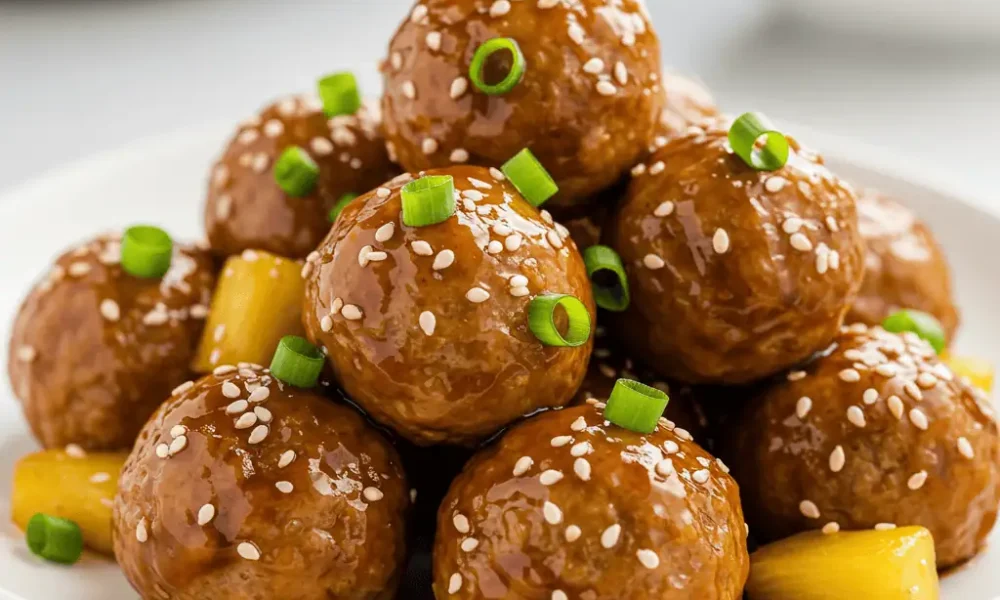 Pineapple teriyaki chicken meatballs close-up