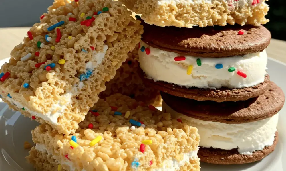 rice krispies and ice cream dessert sandwich stack