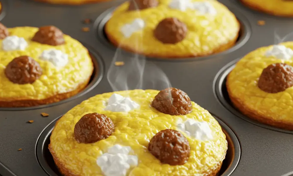 Sausage egg bites with cottage cheese recipe in muffin tin freshly baked