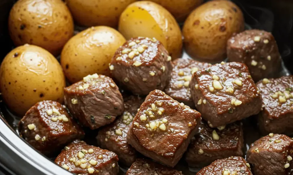 slow cooker garlic butter steak bites and potatoes in butter sauce