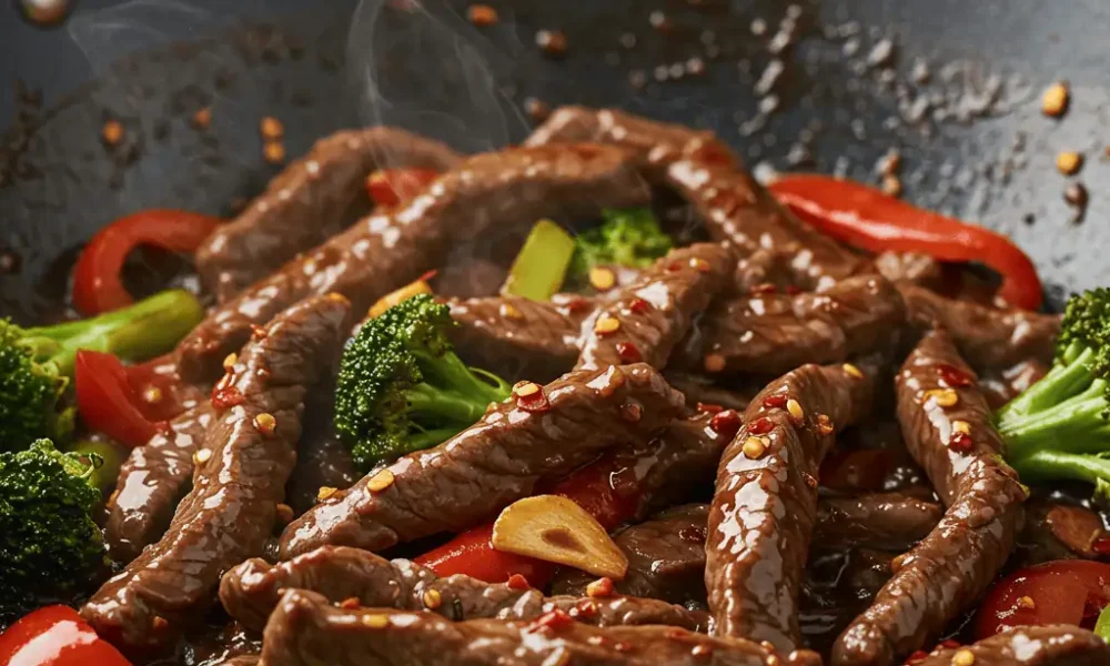 Spicy Halal Beef Stir-Fry sizzling in a wok with vegetables