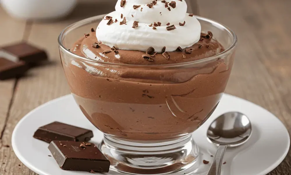 Sugar free chocolate mousse in glass bowl topped with whipped cream