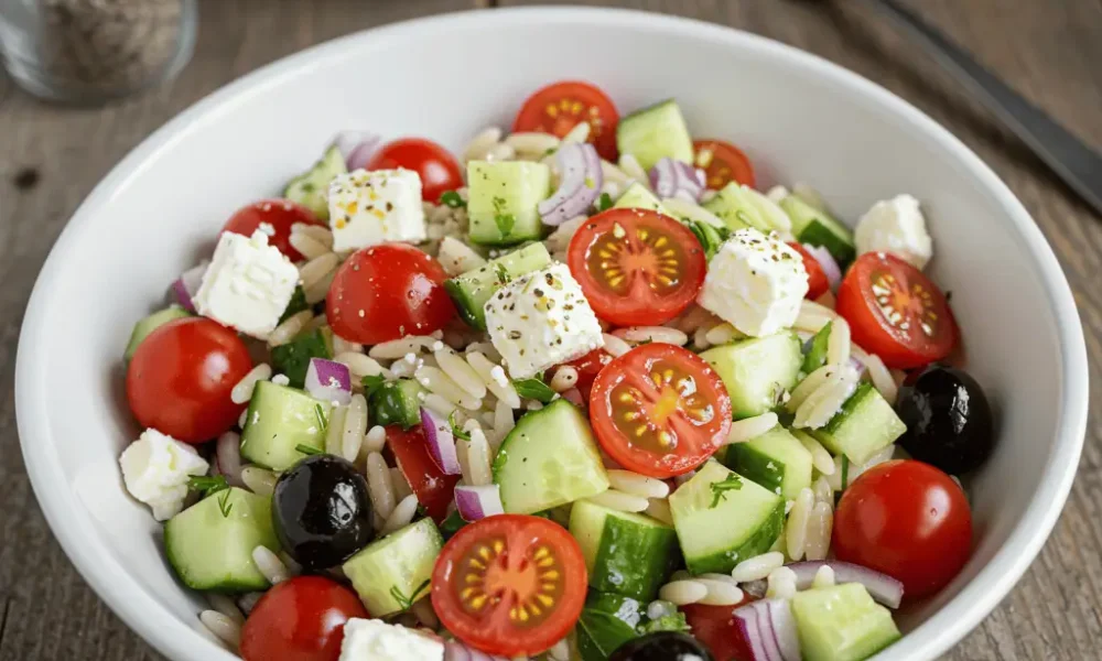 summer fresh Greek orzo salad in white bowl