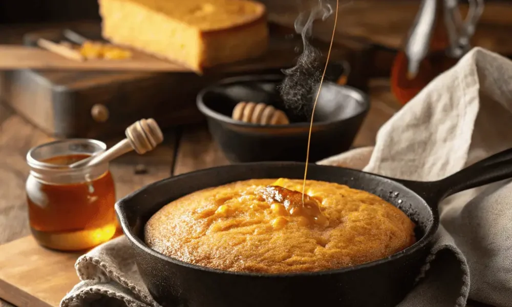 Moist sweet potato cornbread served hot in a cast-iron skillet