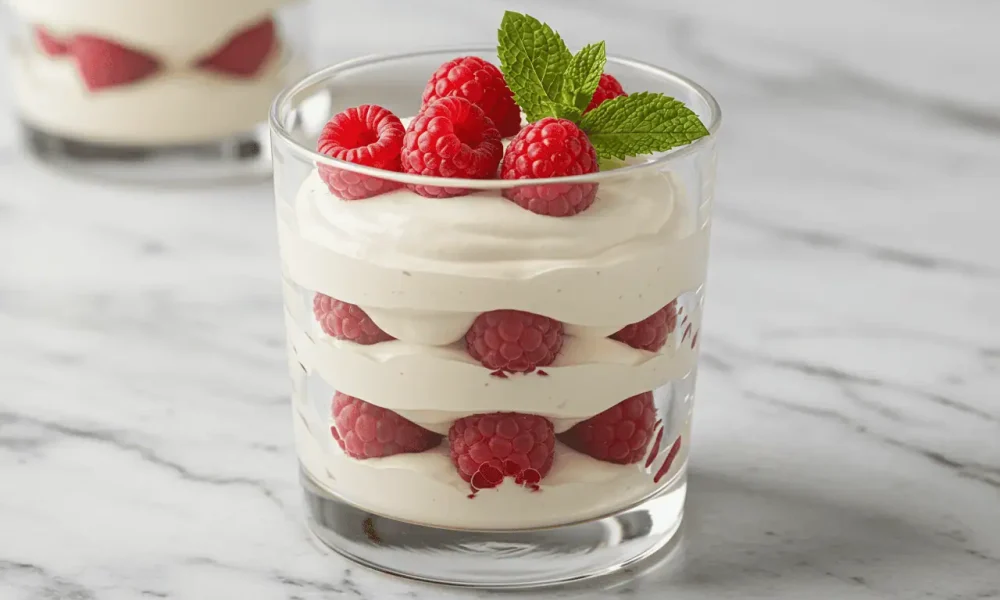 White chocolate mousse in a glass topped with raspberries and mint.